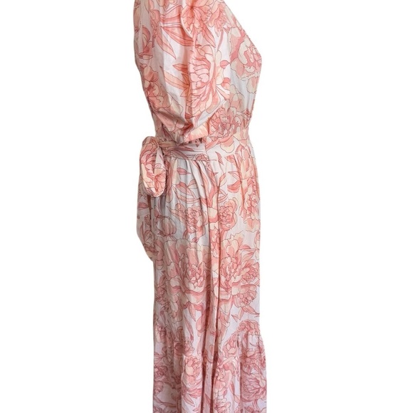 CeCe Linen Blend Puff Sleeve Floral Maxi Dress Peach Pink Garden Print S - Picture 7 of 12